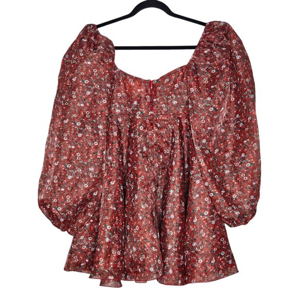 Selkie Princess Crimson Darling Red Floral Puff Sleeve Organza Mini Dress Size S - Picture 9 of 15